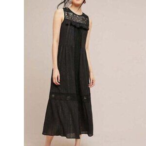 Anthropologie Maxi Dress Womens Black Sleeveless Cotton Tassel Ties Black Gold